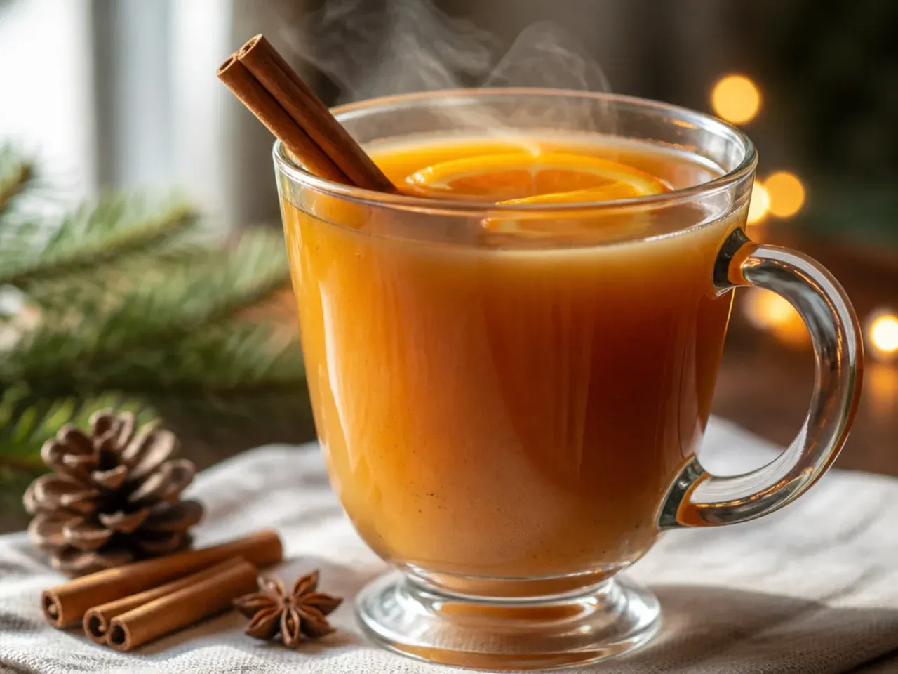 Overhead view of several hot holiday drinks in mugs and glasses arranged on a table with pine branches and cinnamon sticks