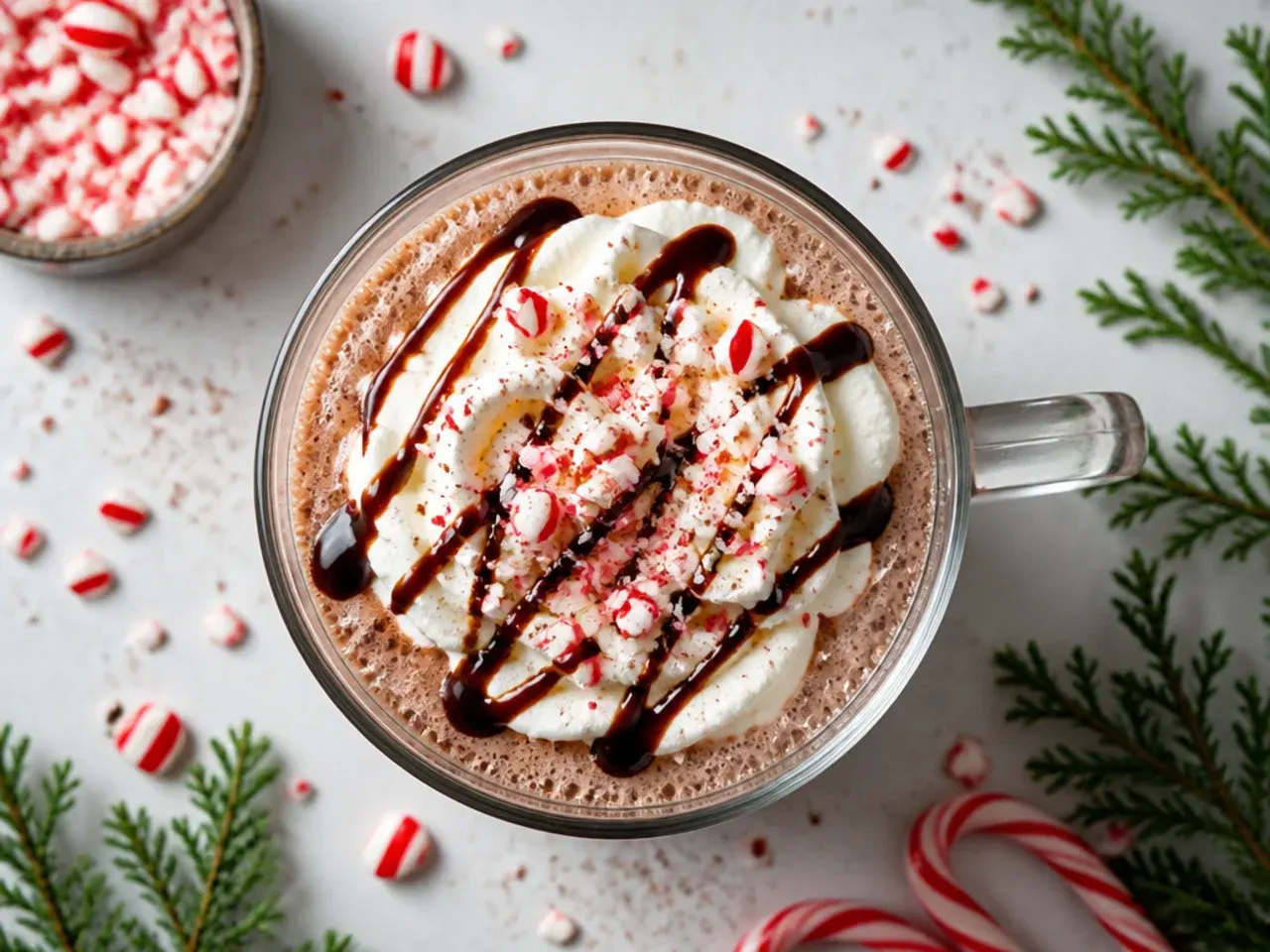 Mug of peppermint hot chocolate topped with whipped cream and crushed candy cane pieces