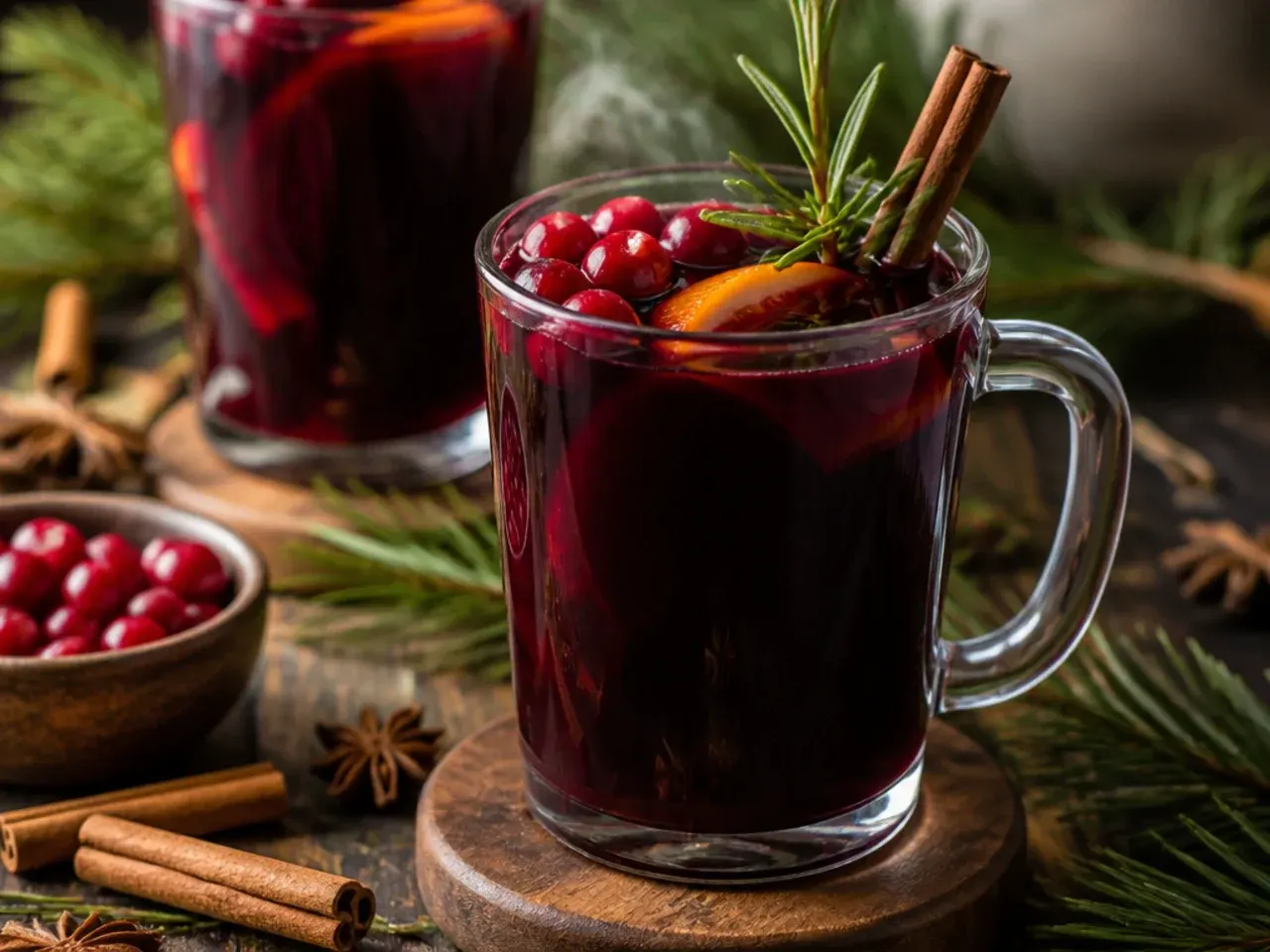 Glass mug of mulled wine garnished with an orange slice and cinnamon stick, steam rising