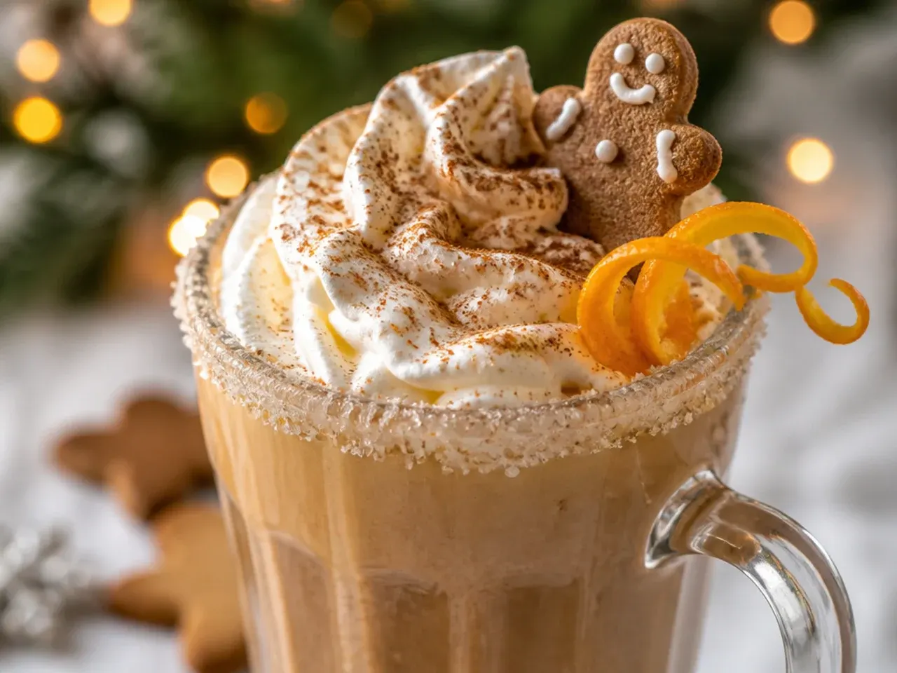 Gingerbread latte in a clear glass mug with layered foam and a dusting of ground ginger on top