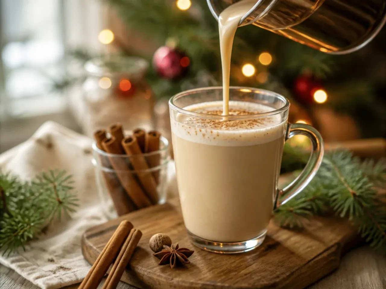 Eggnog latte in a mug topped with foam and a sprinkle of nutmeg, cinnamon stick on the side
