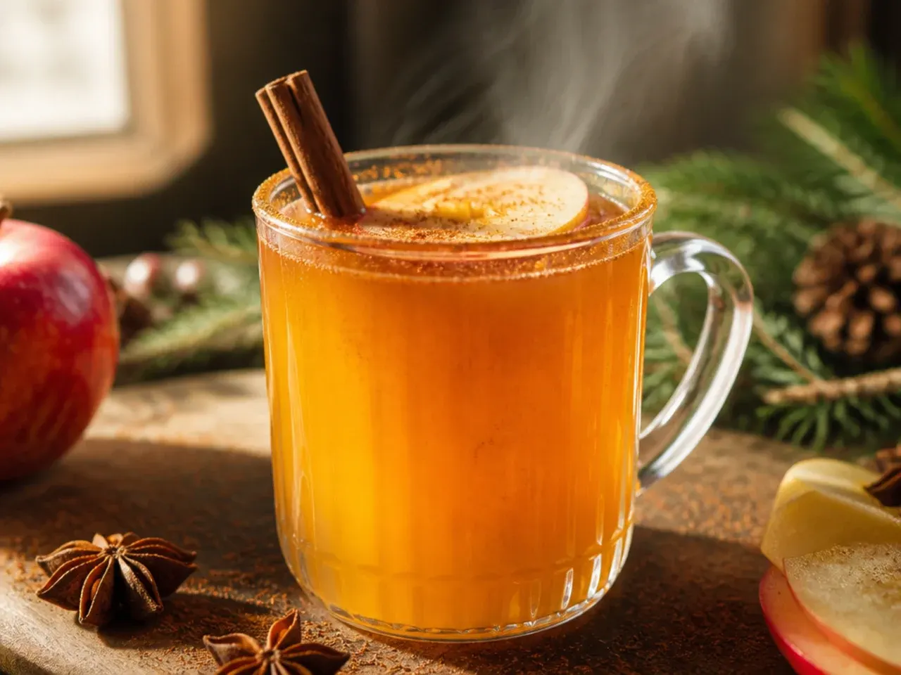 Mug of spiced apple cider with orange slices and a cinnamon stick floating on top