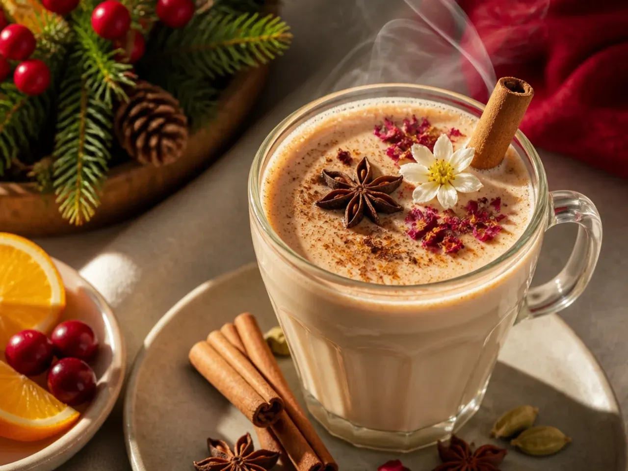 Chai tea latte in a mug with visible spiced foam and a cinnamon stick garnish