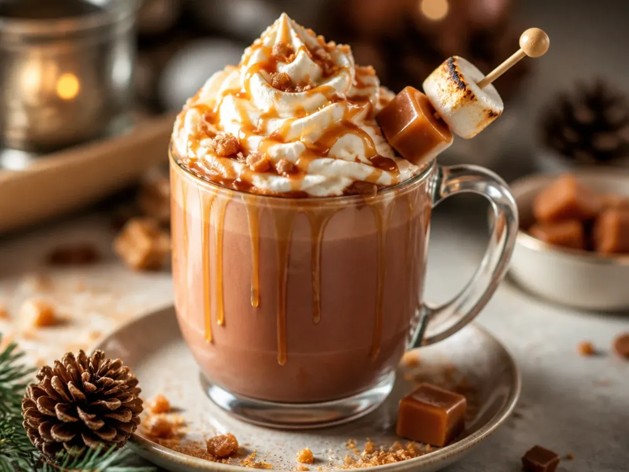 Salted caramel hot chocolate in a mug with caramel drizzle on the inside walls and whipped cream on top