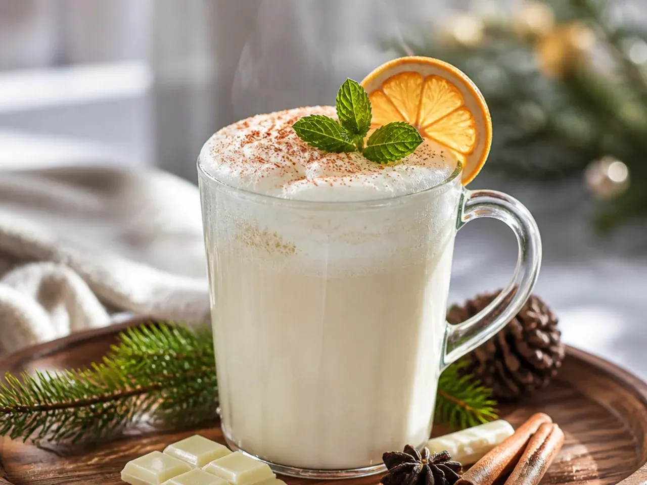 White hot chocolate in a clear mug with a light frothy top and white chocolate shavings