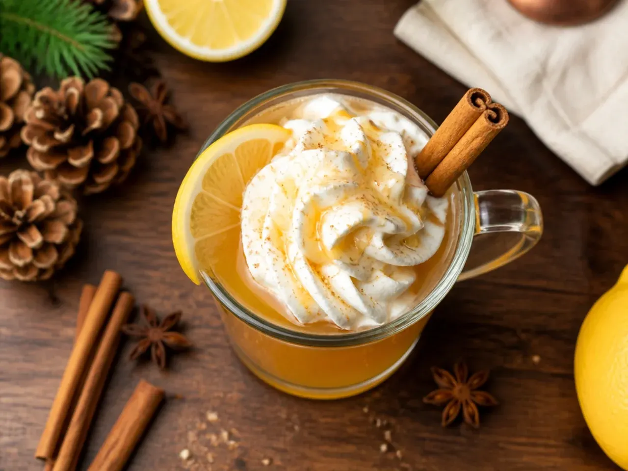 Hot toddy in a glass mug garnished with a lemon slice and cinnamon stick
