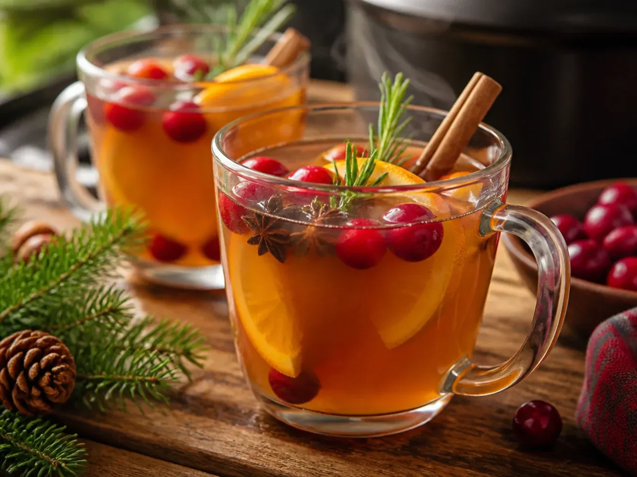 Slow cooker filled with wassail and floating clove-studded orange slices, ladle resting on the side
