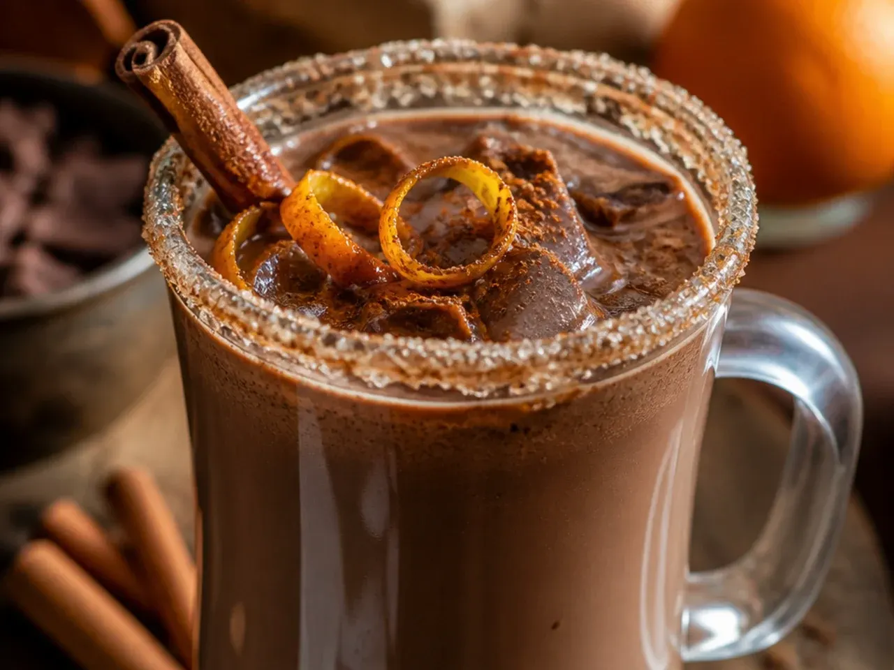 Small cup of frothy Mexican hot chocolate with a cinnamon stick whisk resting beside it