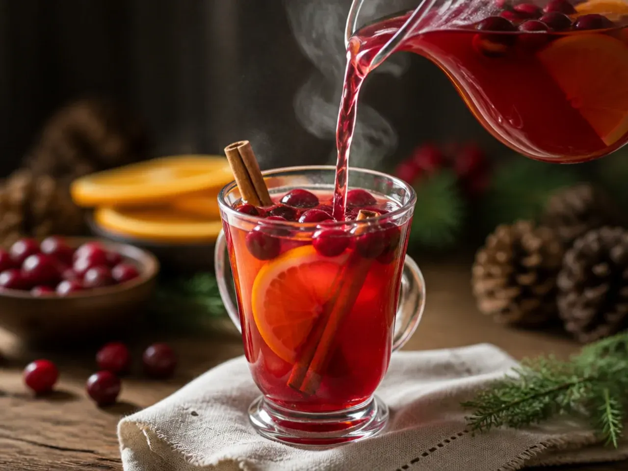 Ruby-red cranberry mulled cider in a glass mug garnished with fresh cranberries and a cinnamon stick