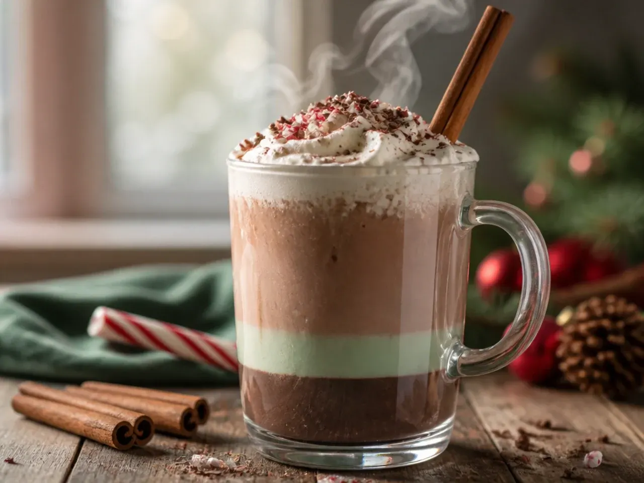 Layered peppermint mocha in a clear glass mug showing distinct chocolate, coffee, and milk layers