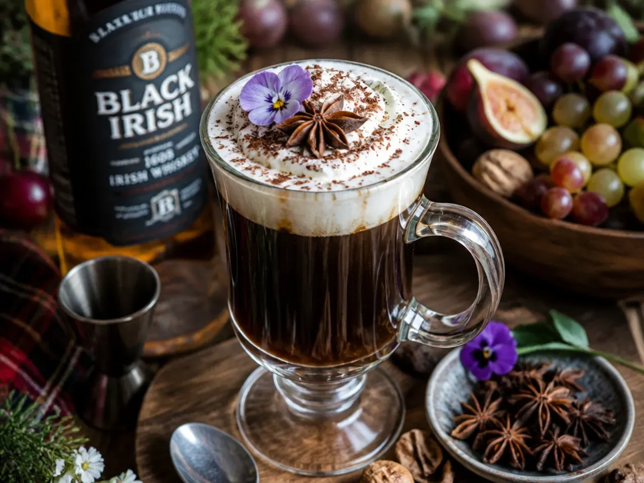 Irish coffee in a footed glass mug with a distinct layer of cream floating on top