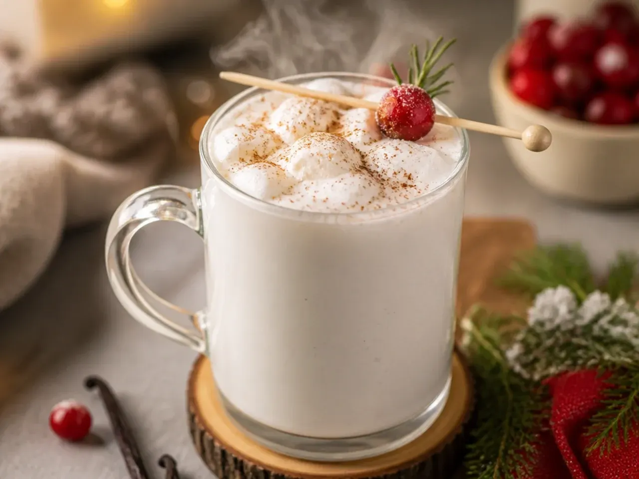 Vanilla bean steamer in a glass mug with light foam and visible vanilla bean flecks