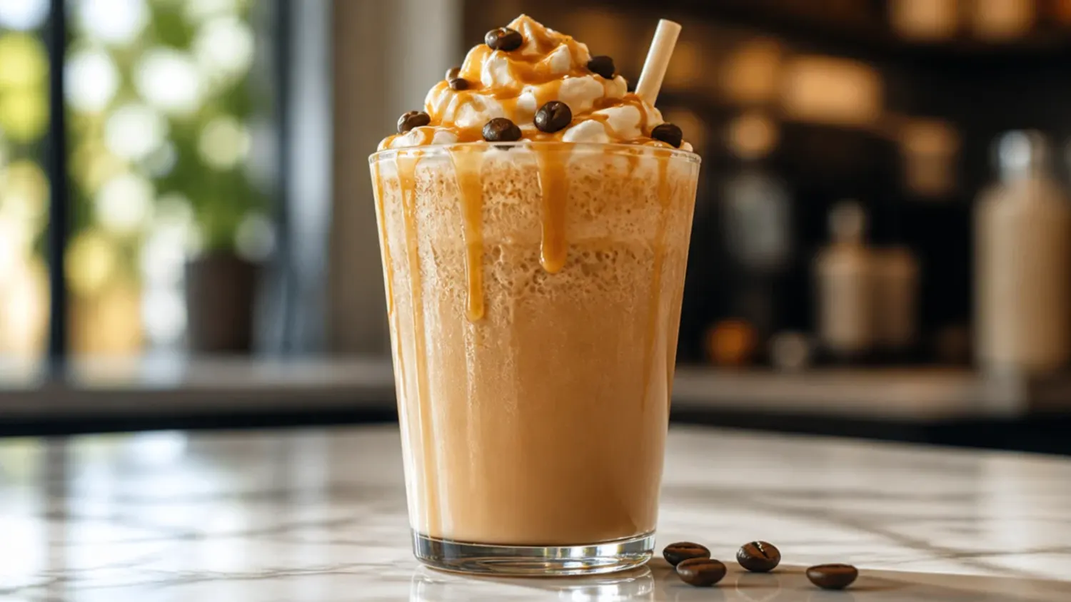 A collection of hot Starbucks-style drinks in glass mugs topped with whipped cream and cinnamon, steam rising, on a wooden table