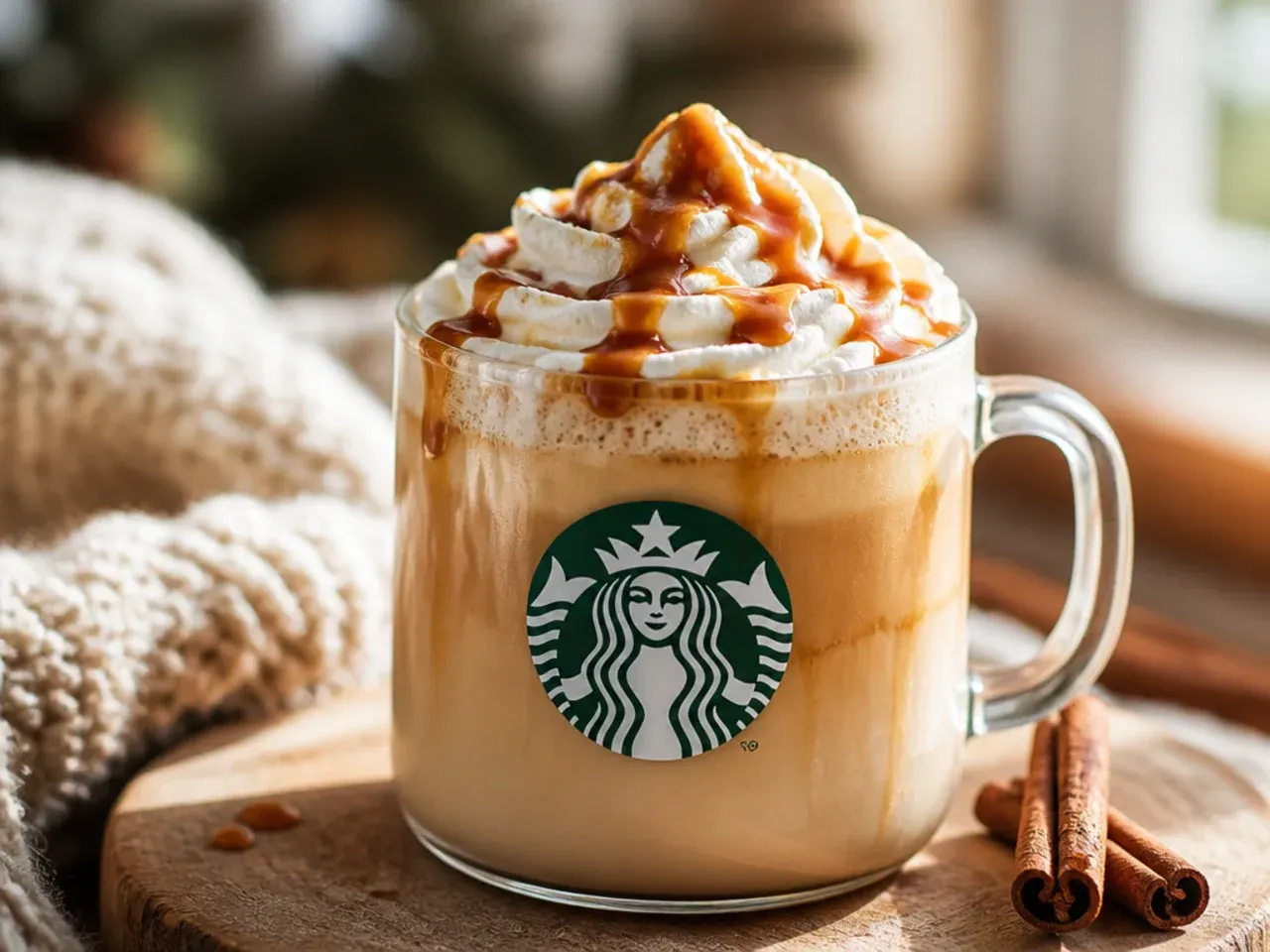 Overhead shot of ingredients for hot Starbucks-style drinks including espresso, milk, syrups and cinnamon laid out on a counter