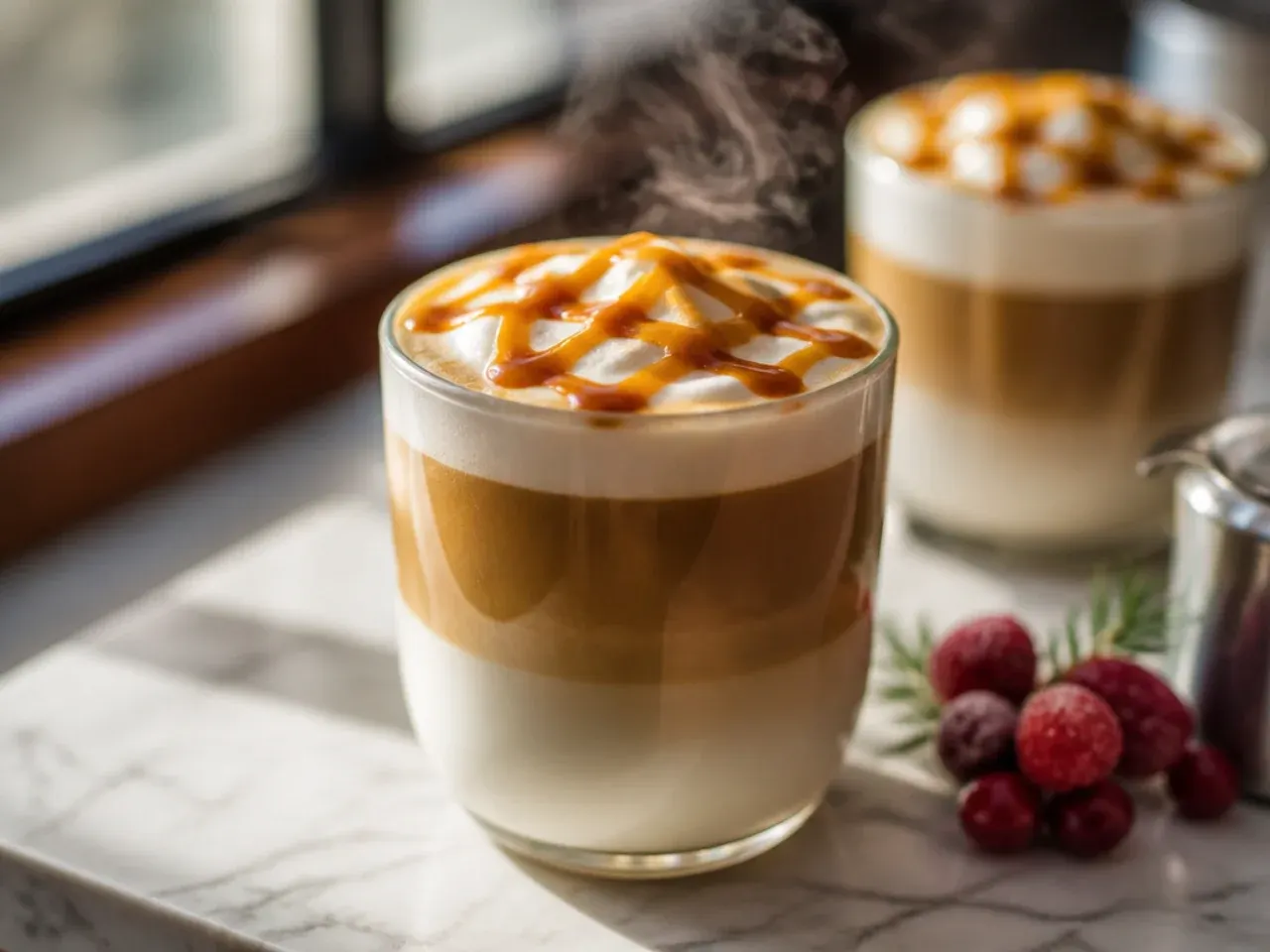 Layered hot caramel macchiato with visible espresso marking and caramel drizzle on top