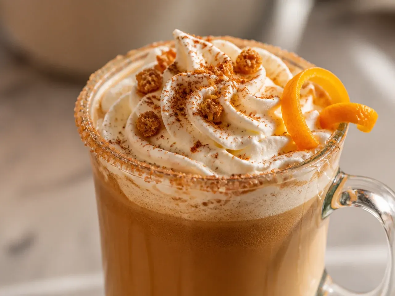 Gingerbread spice latte topped with whipped cream and cinnamon in a festive mug