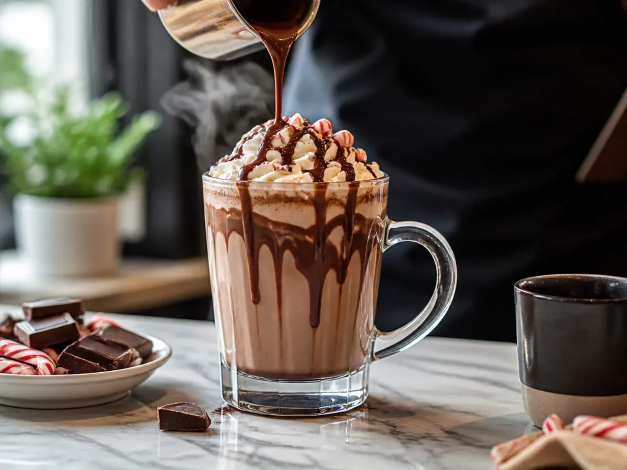 Peppermint mocha with whipped cream and crushed candy cane in a tall glass mug