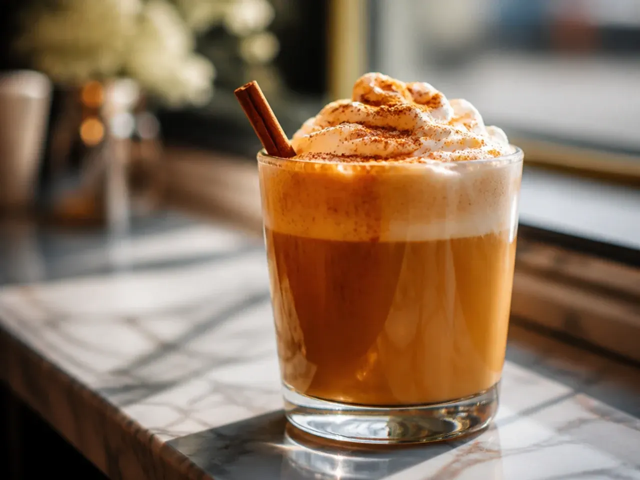 Pumpkin spice latte with foam and a dusting of spice in an autumn-themed mug