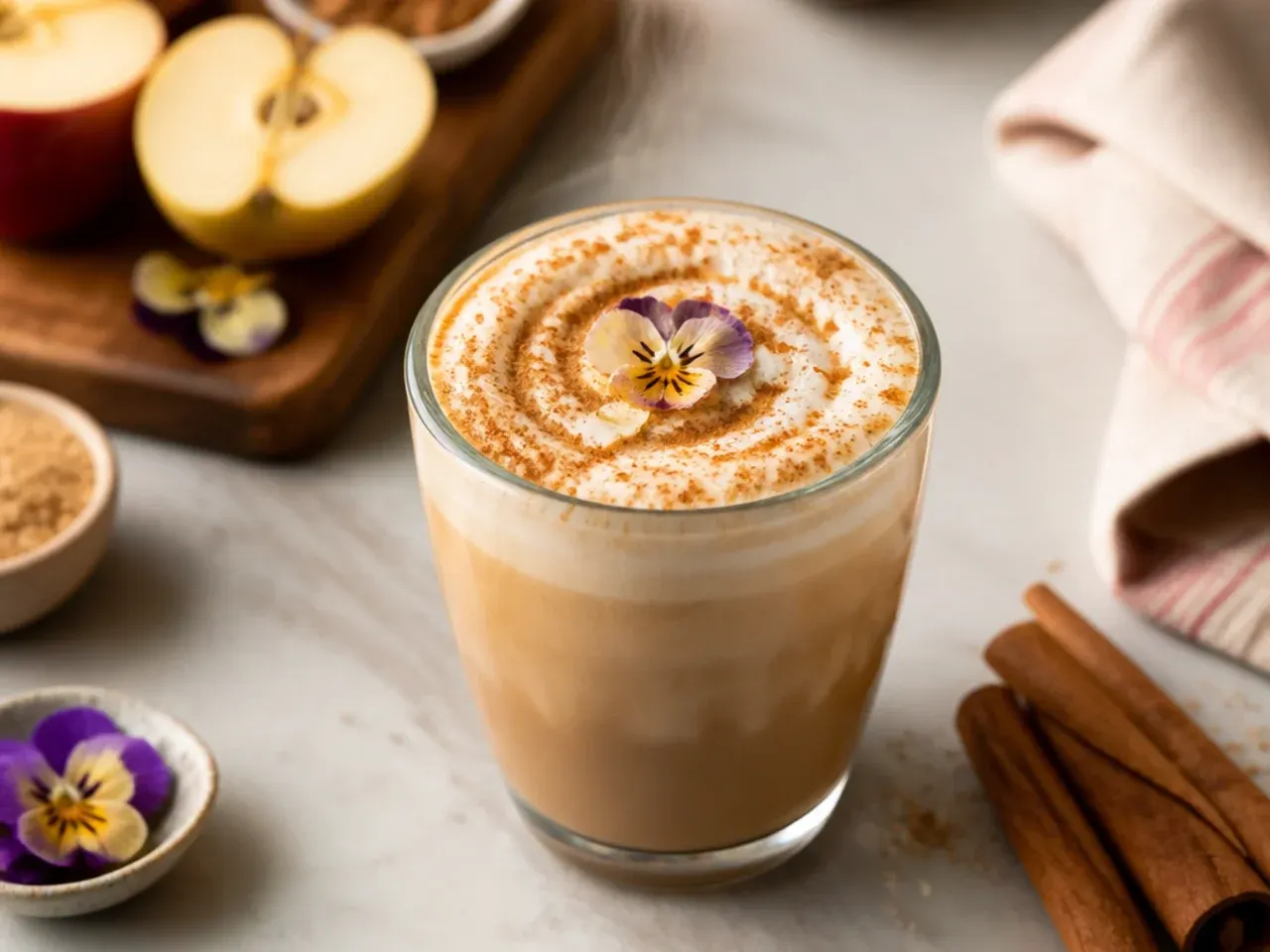 Brown sugar oatmilk latte with cinnamon dusted foam in a ceramic mug