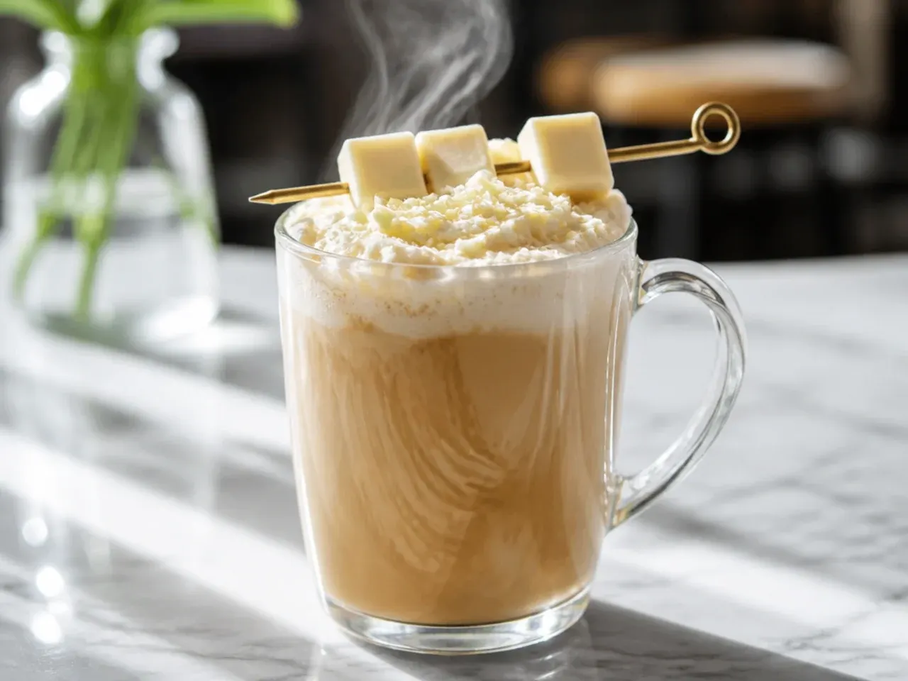 White chocolate mocha topped with whipped cream and white chocolate drizzle