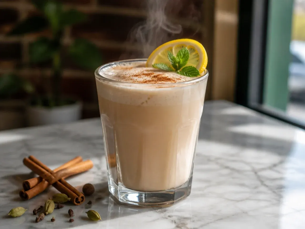 Chai tea latte with cinnamon dusted foam and a cinnamon stick garnish