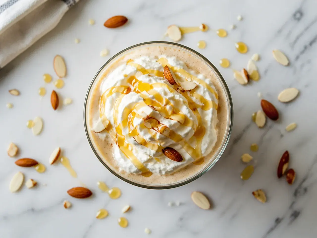 Honey almondmilk flat white with velvety microfoam in a small ceramic cup