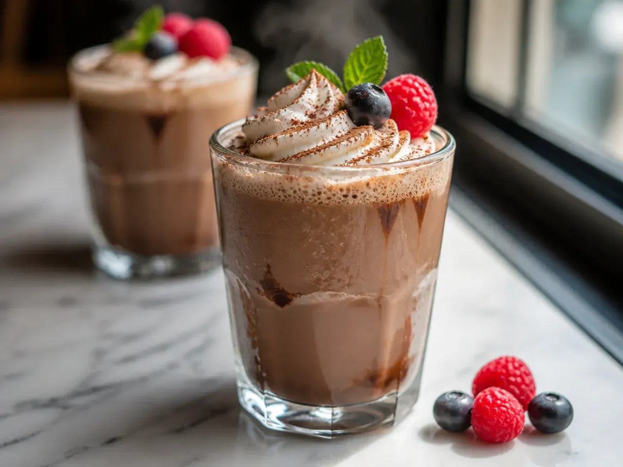 Classic caffe mocha with whipped cream and chocolate shavings in a glass mug