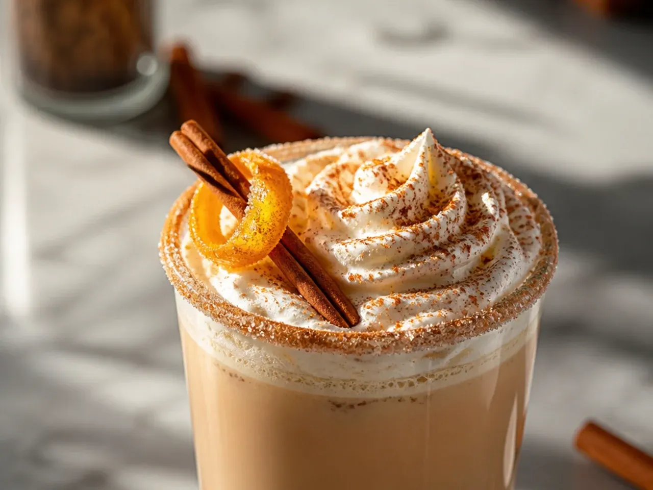 Cinnamon dolce latte topped with whipped cream and cinnamon sugar