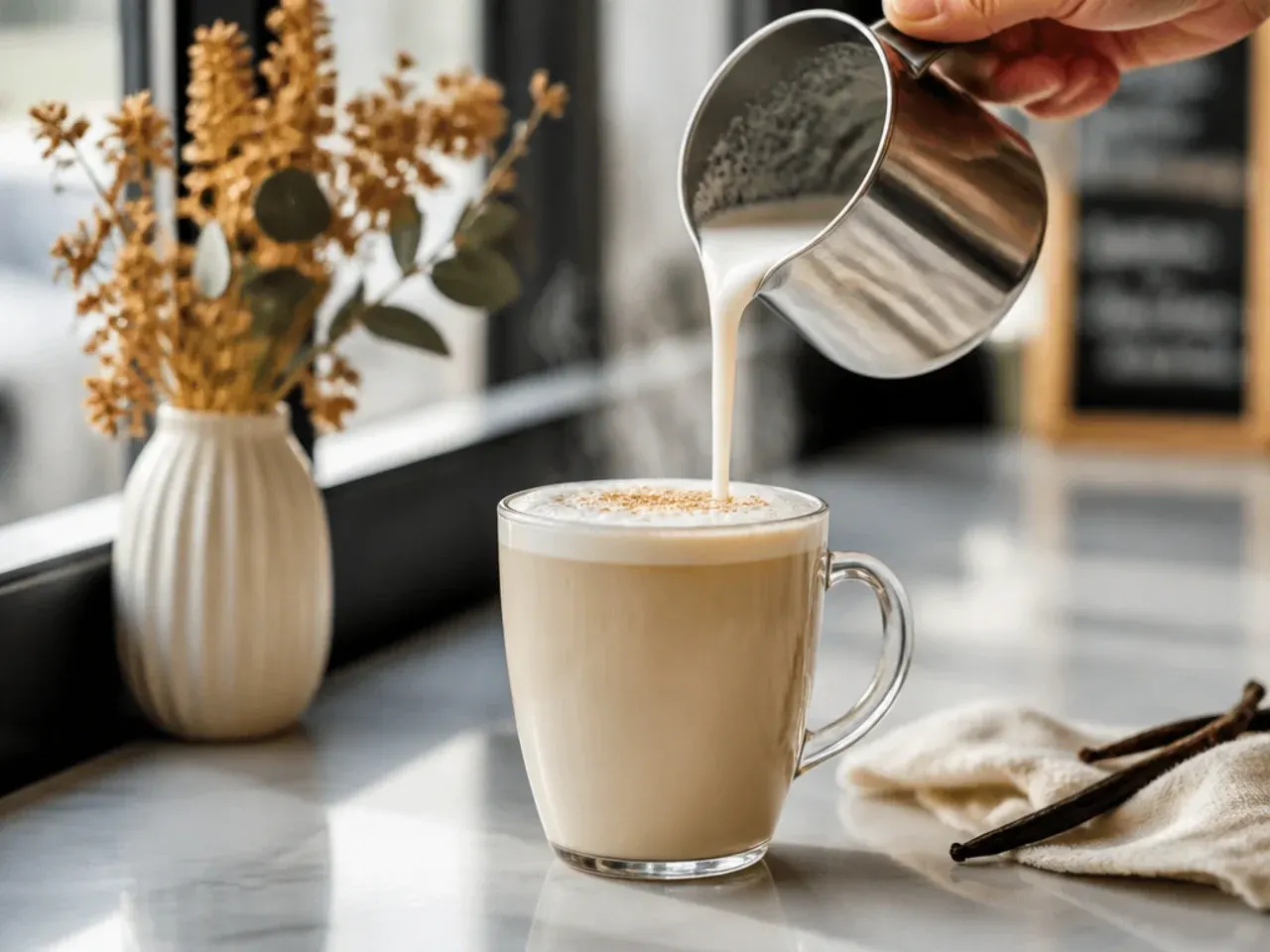 Toasted vanilla oatmilk latte with light caramel-coloured foam