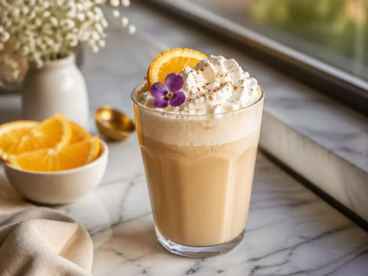 Irish cream latte with cocoa dusted foam in a warm-toned mug