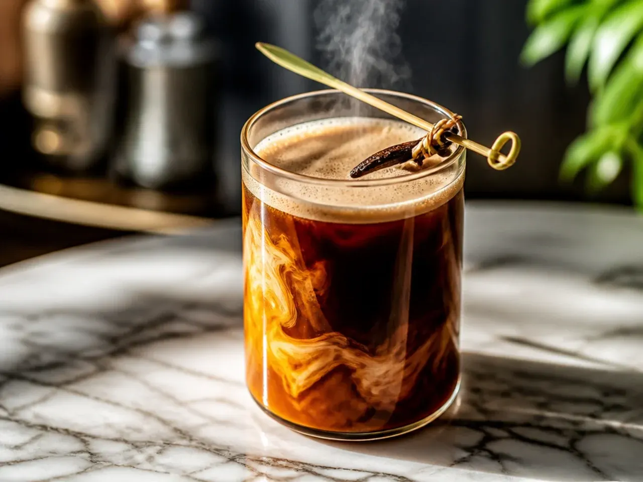 Vanilla bean americano in a clear glass mug showing dark coffee and light crema