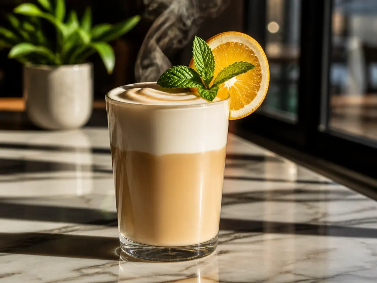 Blonde vanilla latte with pale golden foam in a wide mug