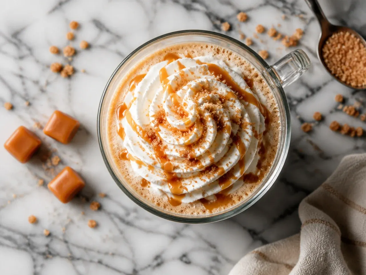 Caramel brulee latte topped with whipped cream and caramel crumble