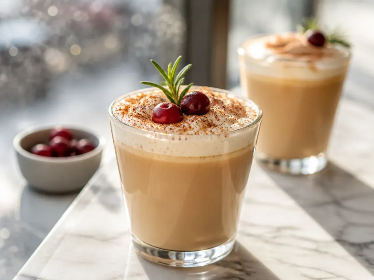 Eggnog latte topped with fresh grated nutmeg in a festive glass mug