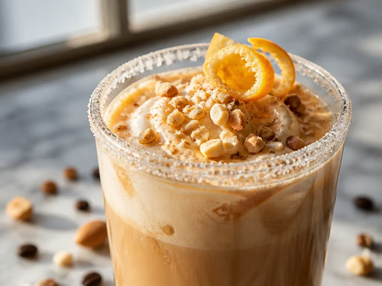 Toasted hazelnut latte garnished with chopped toasted hazelnuts