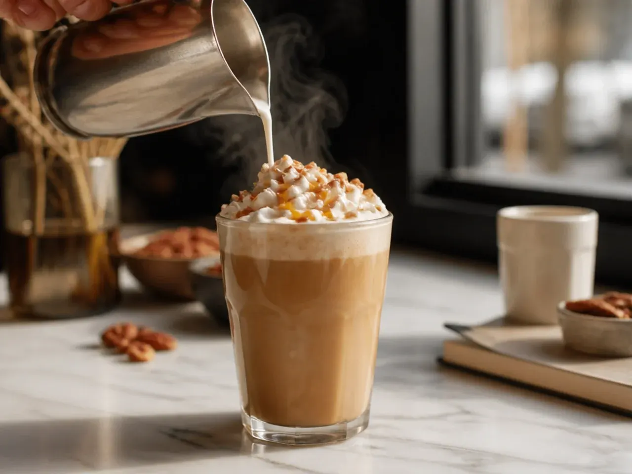 Maple pecan latte topped with whipped cream and chopped toasted pecans