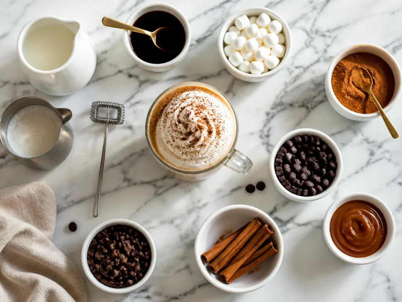 Barista steaming milk in a stainless steel pitcher next to a shot of espresso