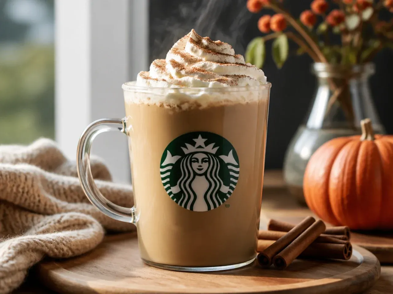 Assortment of hot Starbucks-style drinks with whipped cream and spice garnishes on a tray