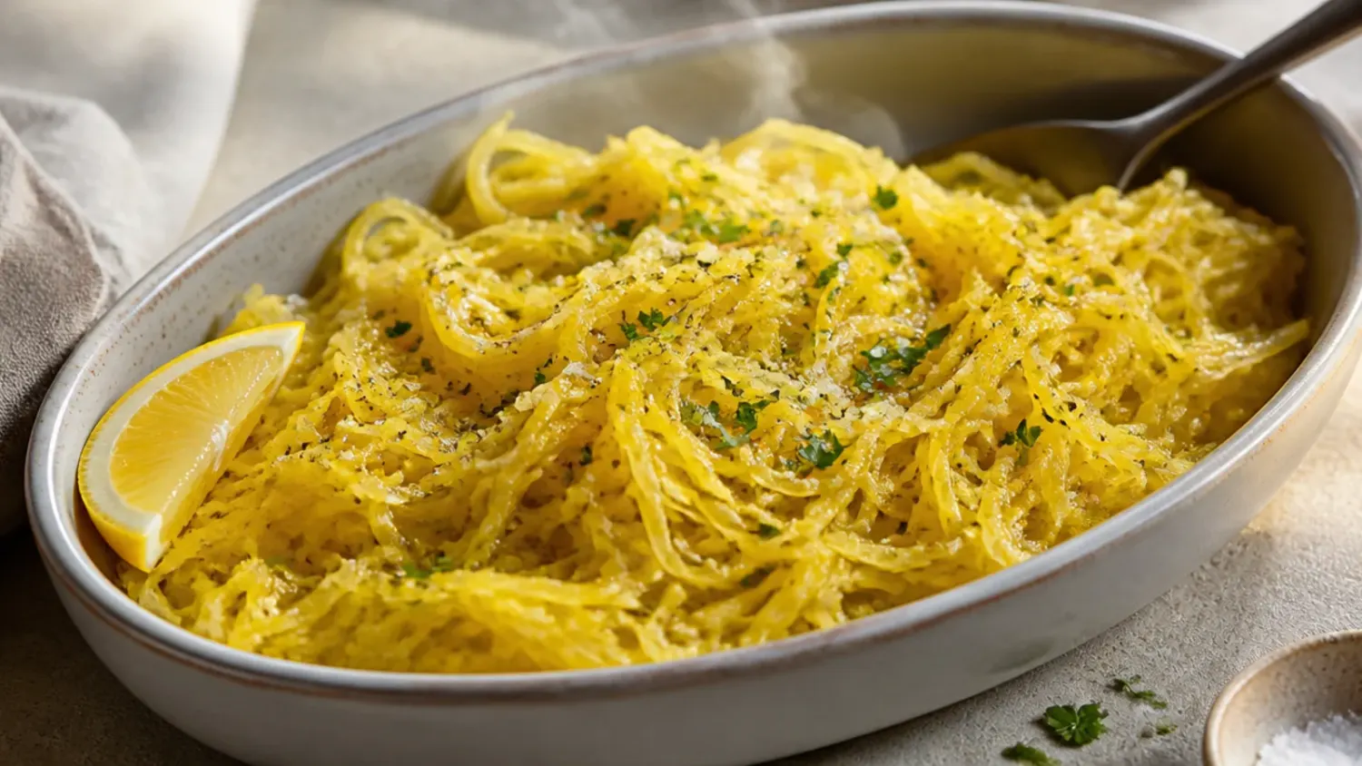 Overhead shot of roasted spaghetti squash halves with golden caramelised edges, strands fluffed into pasta-like ribbons and topped with grated parmesan and chopped parsley