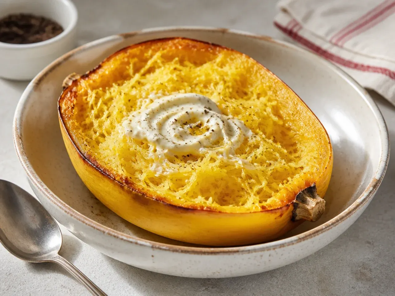 Raw spaghetti squash halved lengthwise on a baking sheet, seeds scooped out and cut sides brushed with olive oil