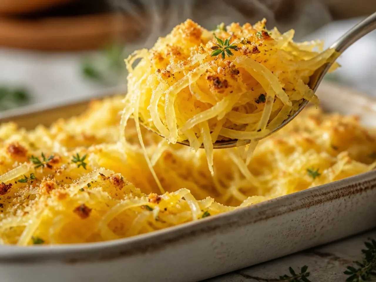 Close-up comparison of golden roasted spaghetti squash strands next to paler, softer microwaved strands on a white plate