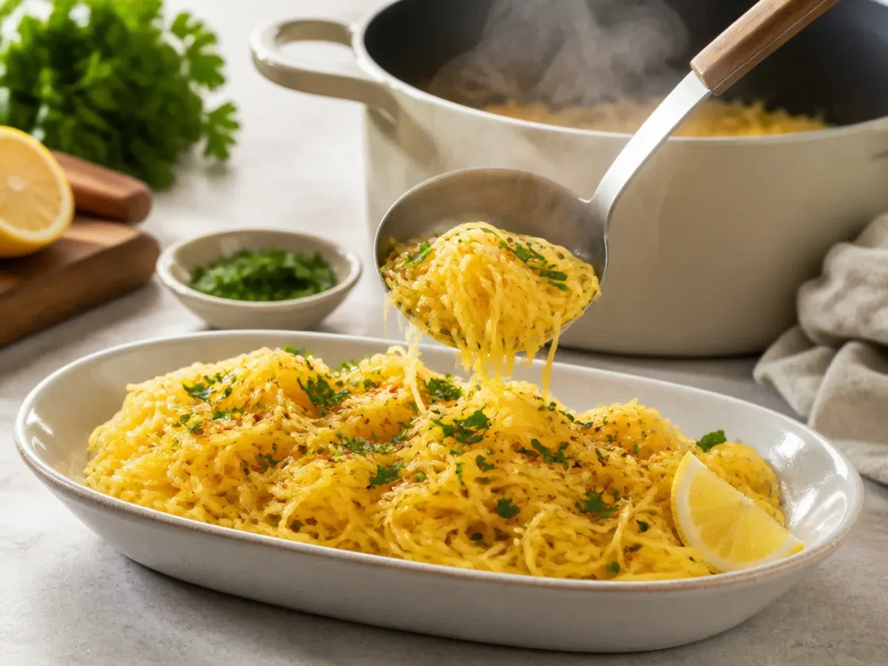Kitchen timer set beside a baking sheet of roasting spaghetti squash halves, showing the hands-off oven cooking time