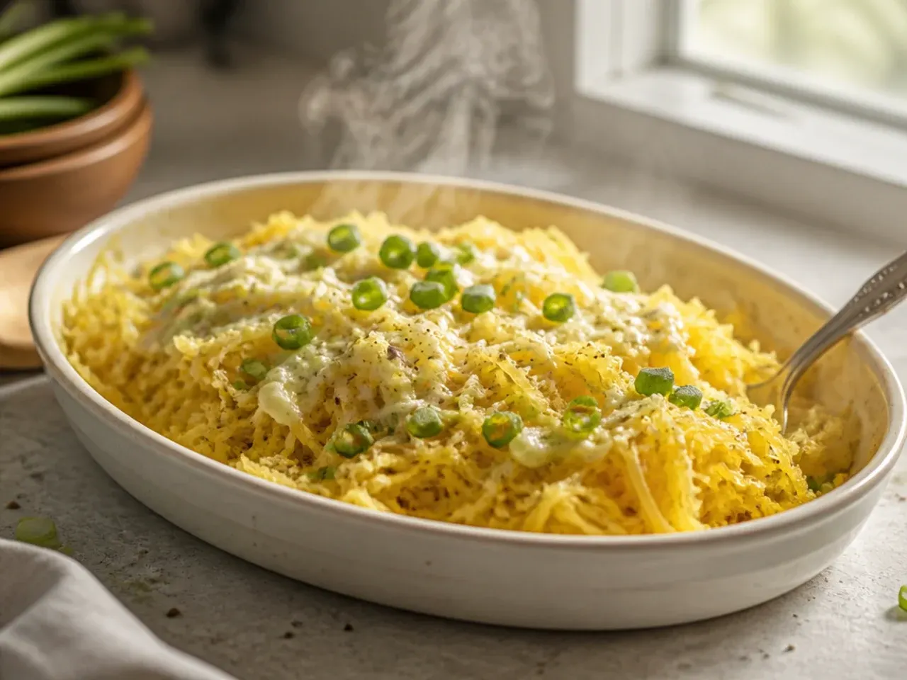 Table set with a whole roasted spaghetti squash half as a dinner centrepiece alongside a quick weeknight bowl