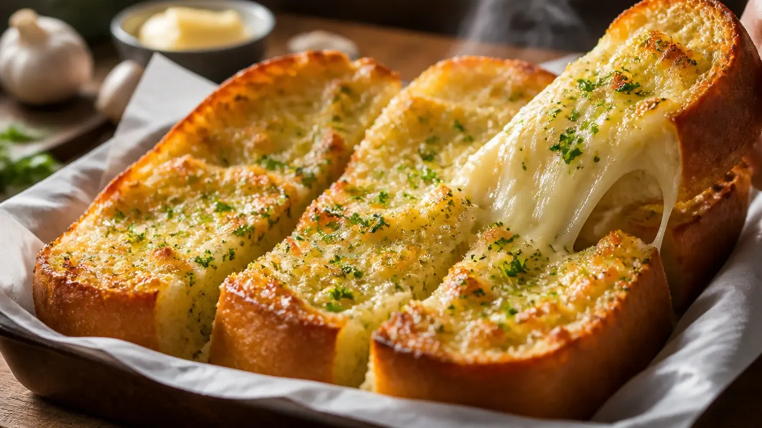 Golden baked garlic bread loaf sliced open on a wooden board, topped with melted cheese and fresh parsley