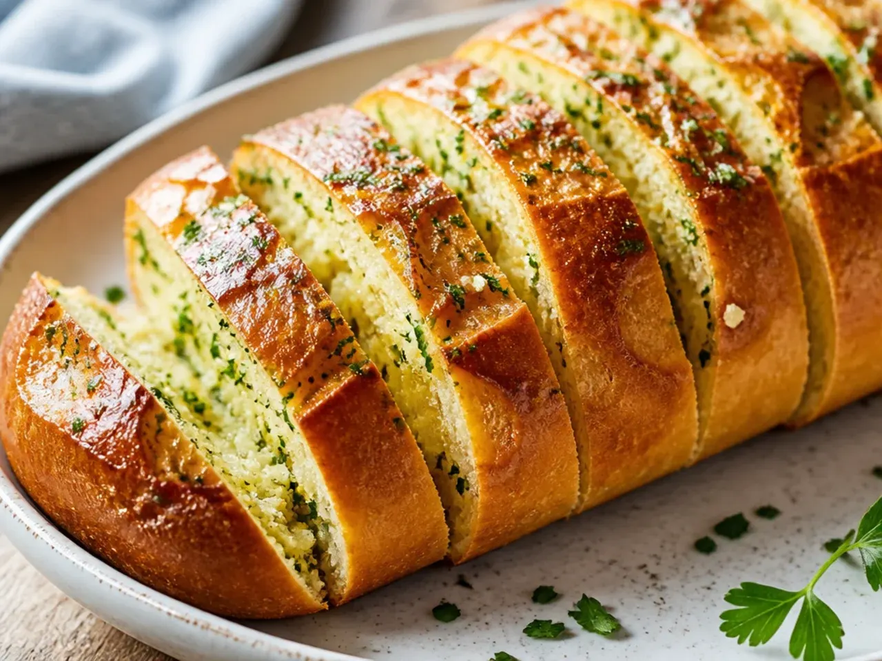 Ingredients for garlic bread laid out on a counter, including butter, garlic cloves, parsley and a fresh loaf