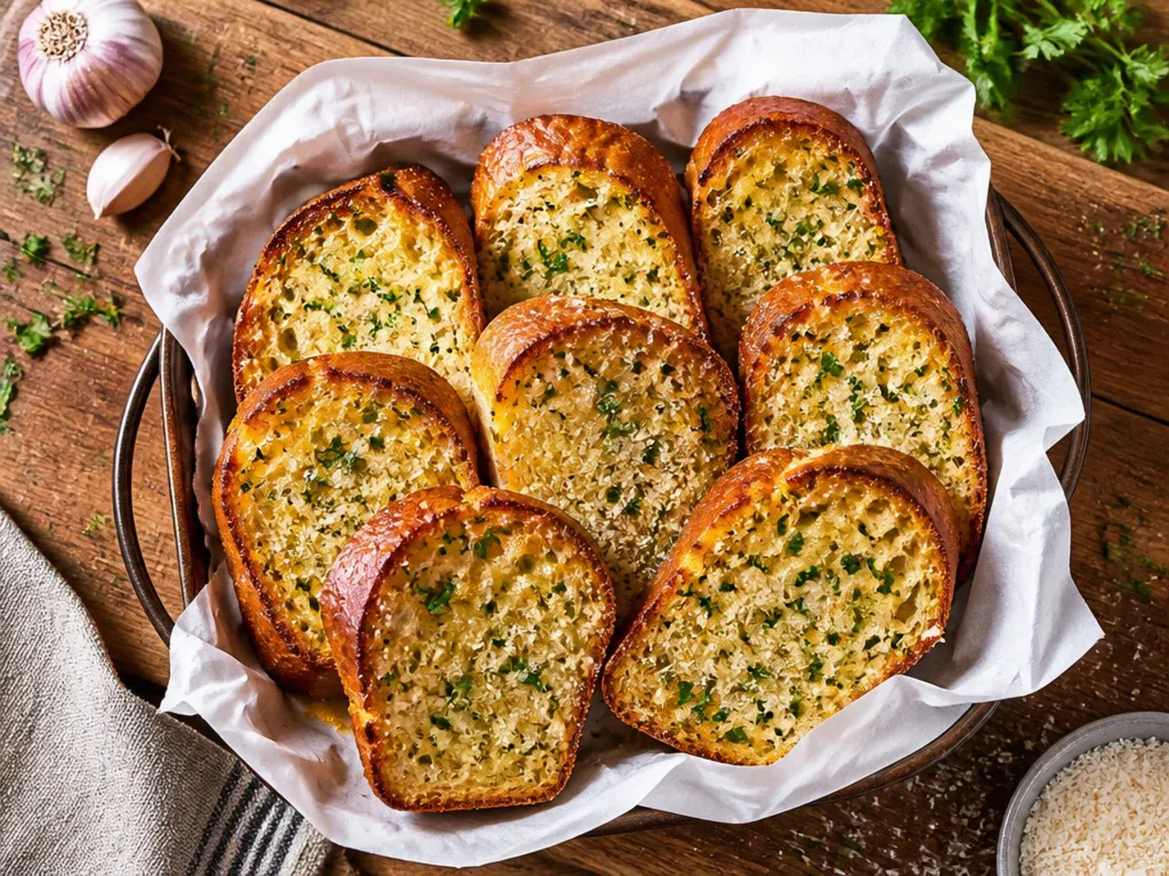 Classic garlic and parsley bread halves fresh out of the oven with golden edges