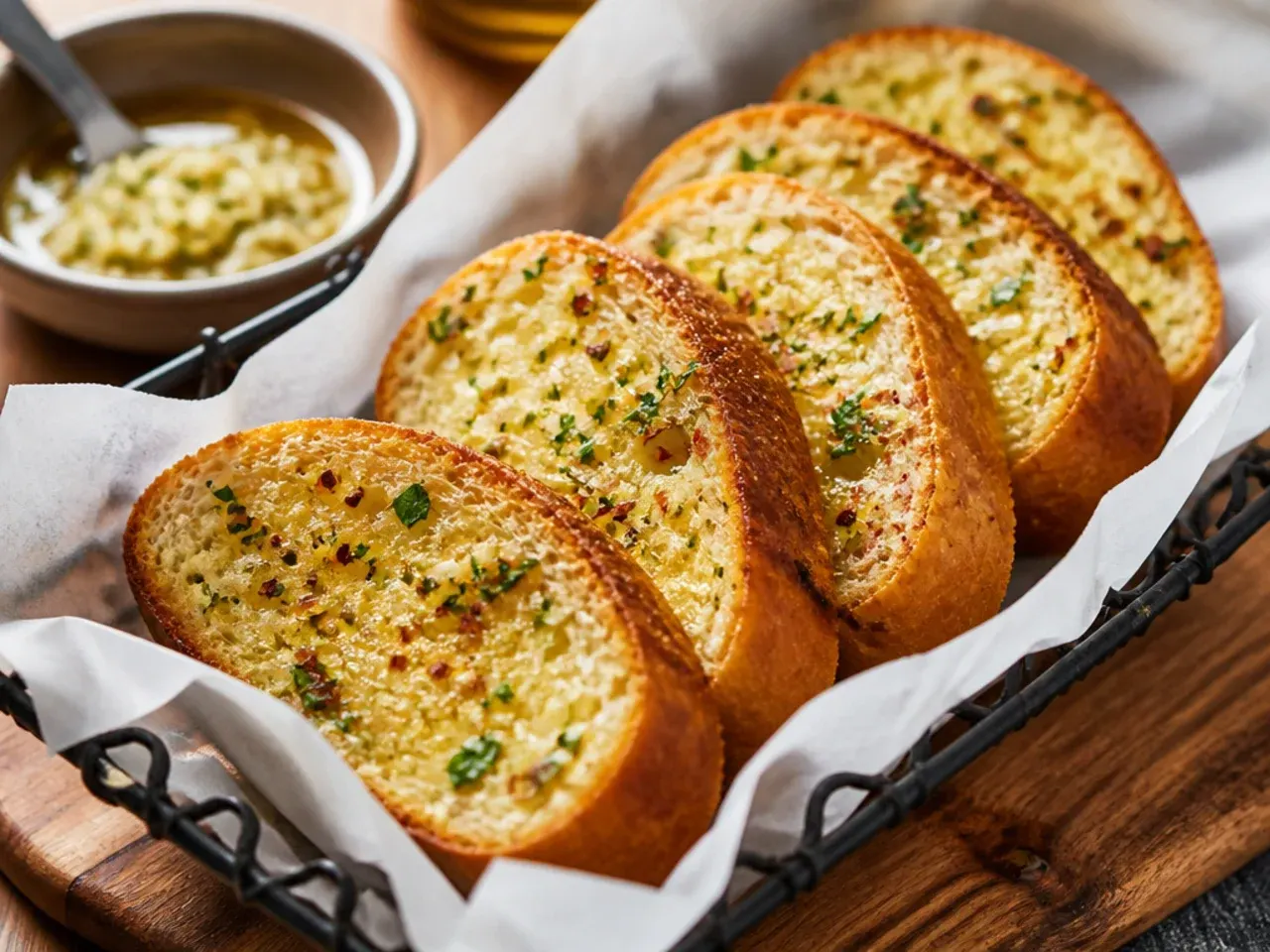 Simple five-ingredient garlic bread sliced on a cutting board