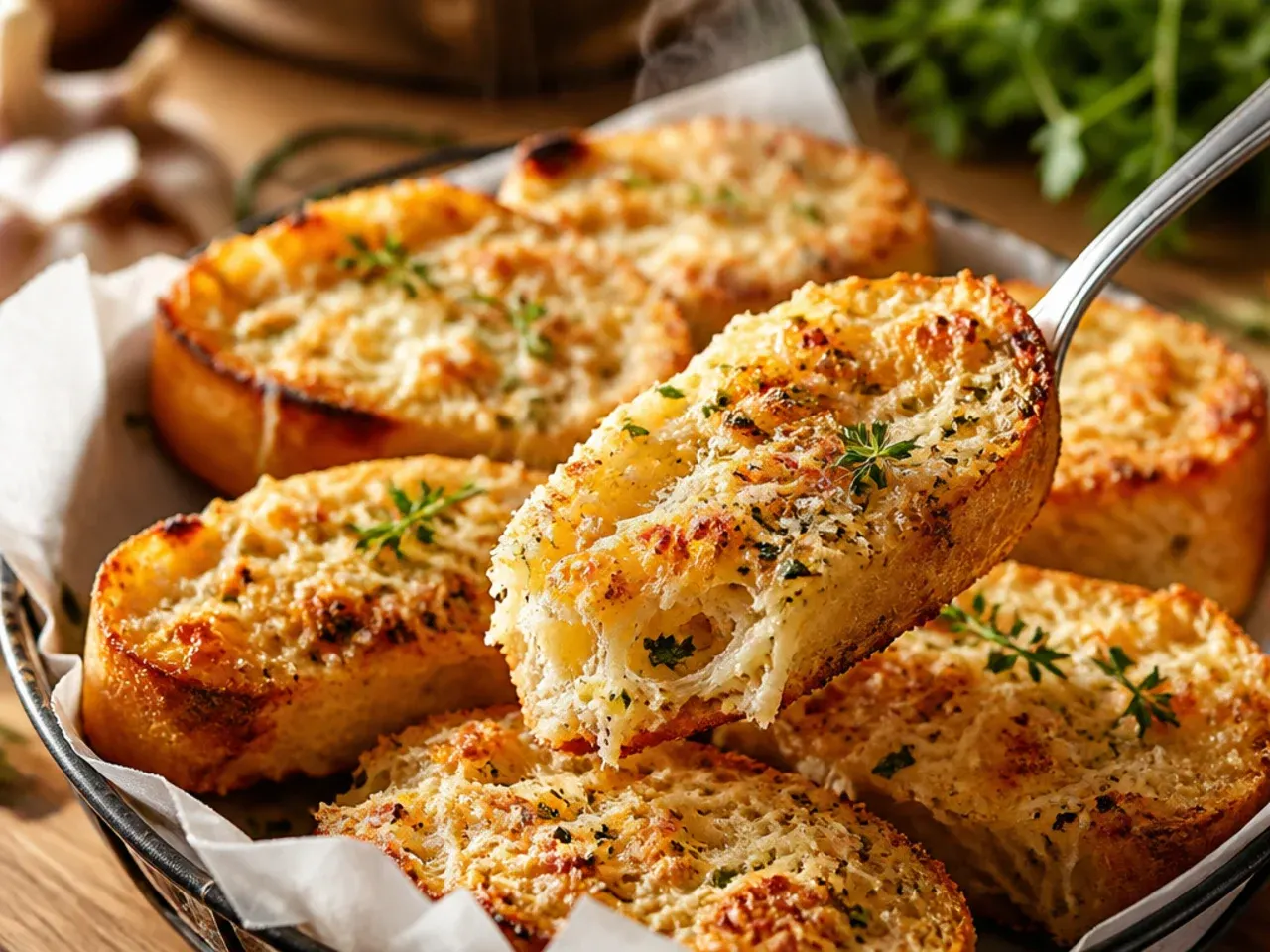 Fresh herb and Parmesan garlic bread topped with chopped basil and oregano