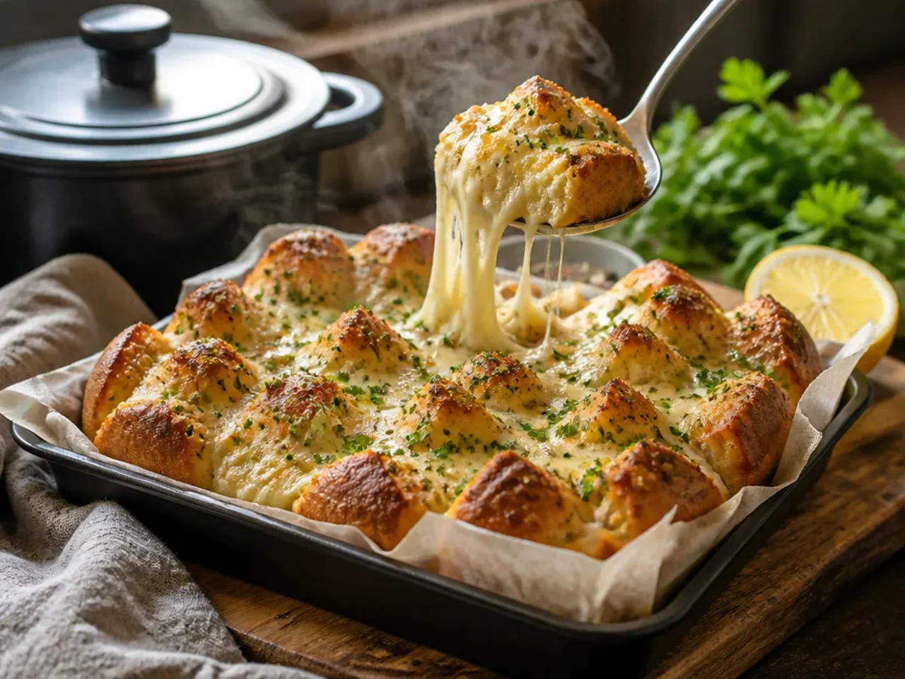 Cheesy pull-apart garlic bread with melted mozzarella oozing from a criss-cross cut loaf