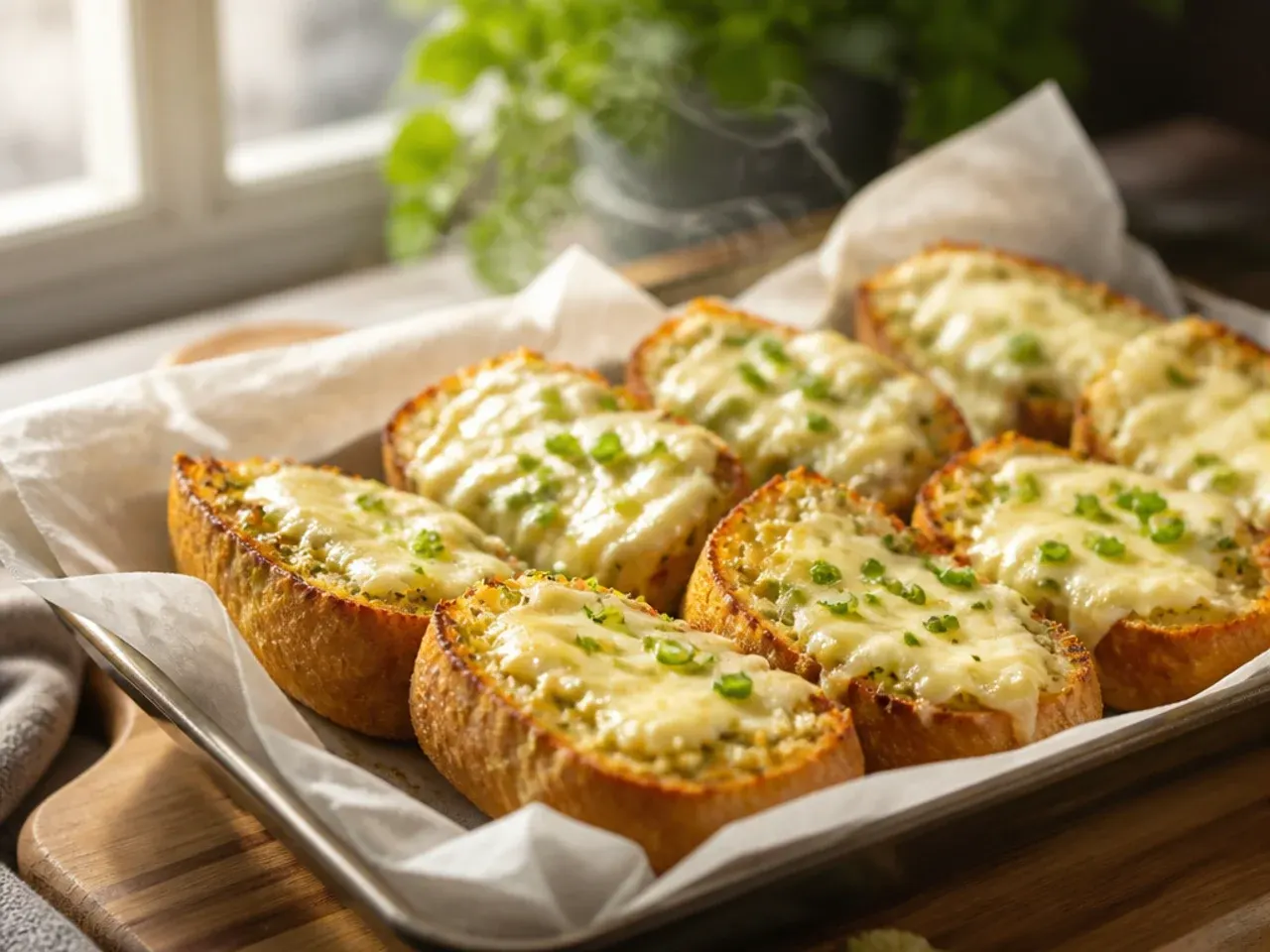 Creamy garlic and cream cheese bread slices on a serving plate
